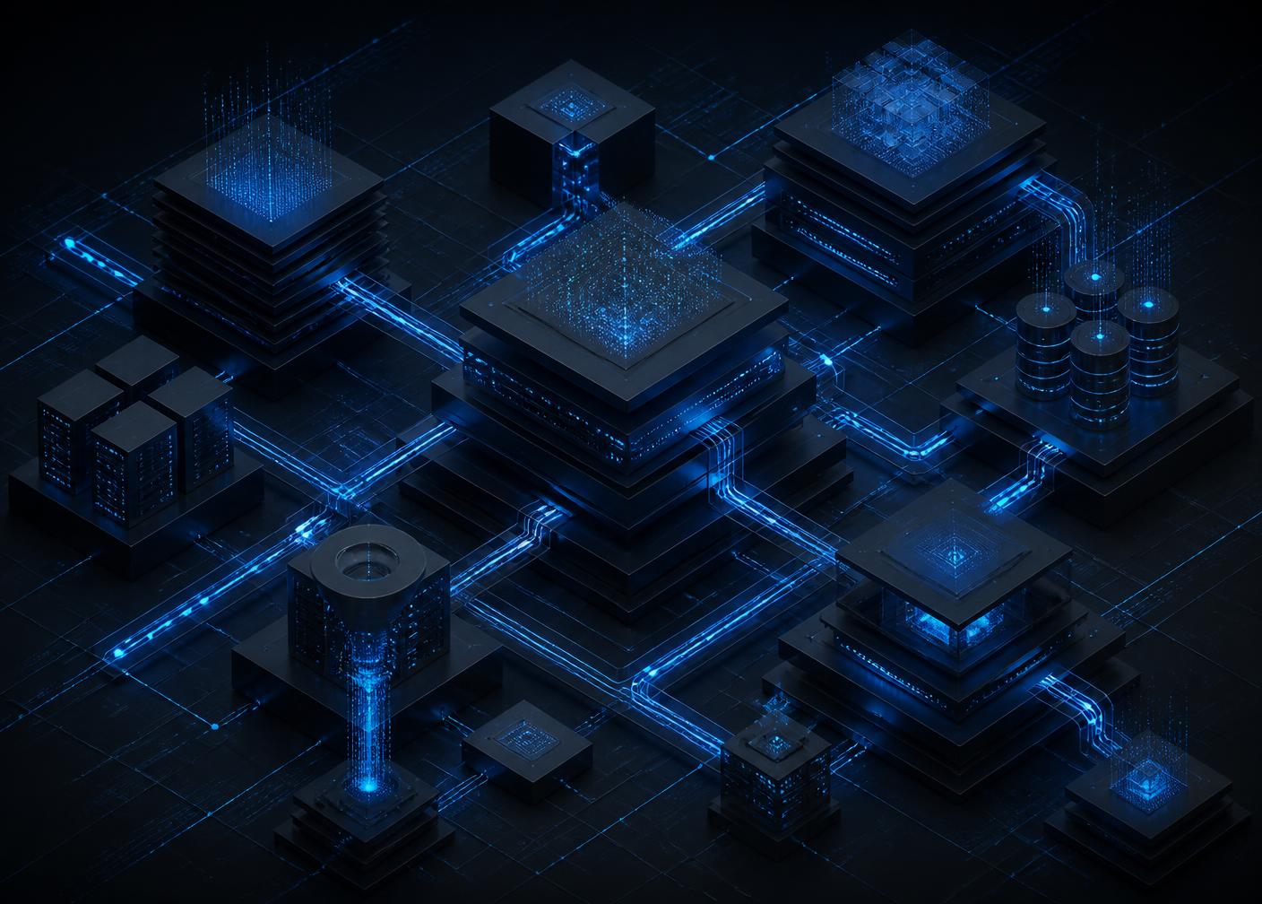 Isometric data and compute architecture with glowing connection paths